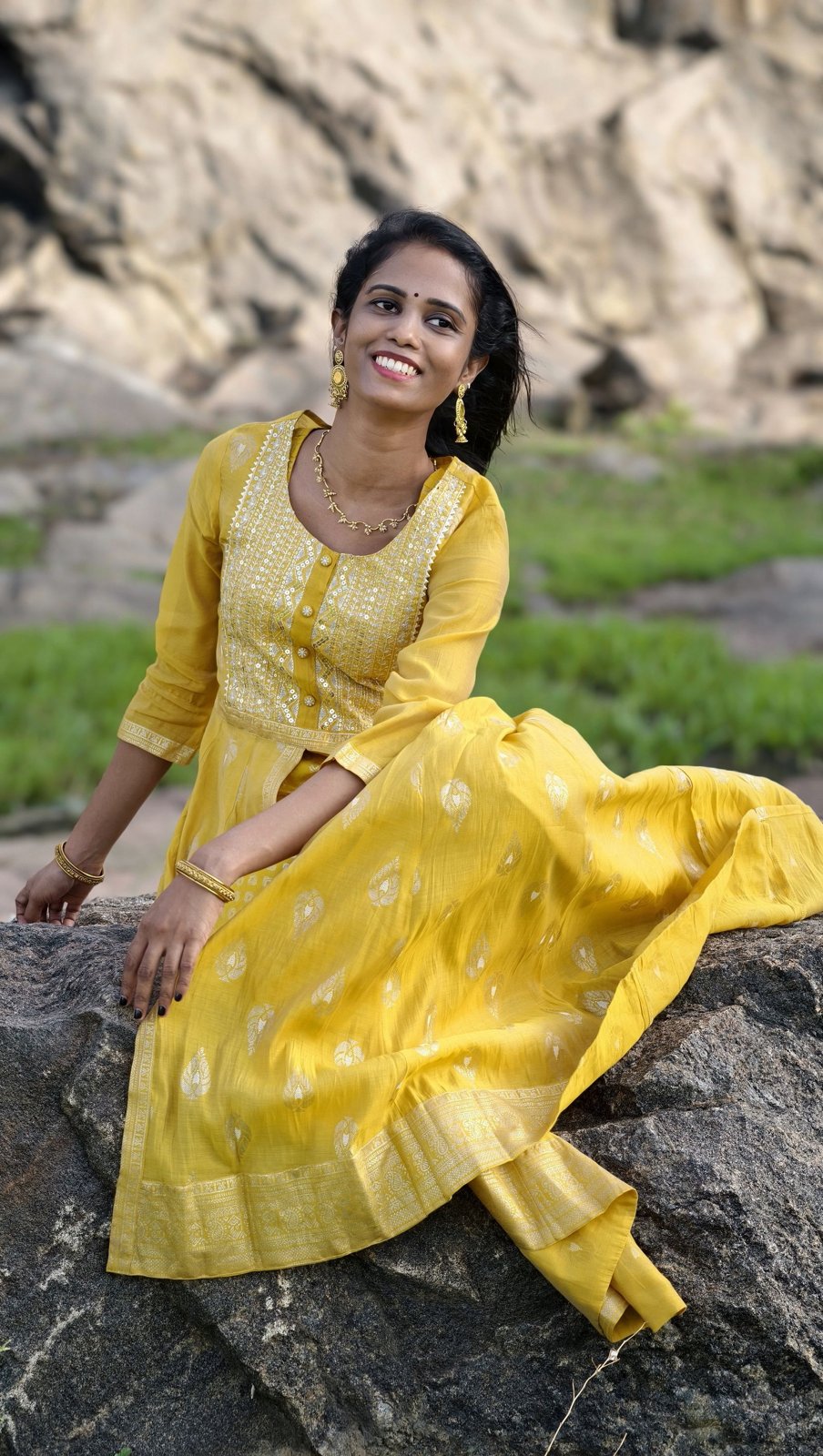 Mustard Chanderi Anarkali Suit